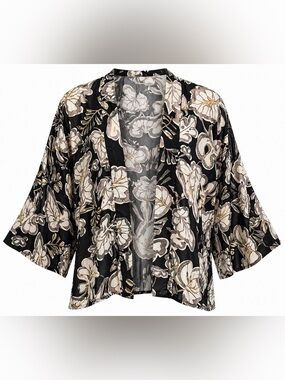 Papillon Black Floral Kimono Coverup Small NWT Boho